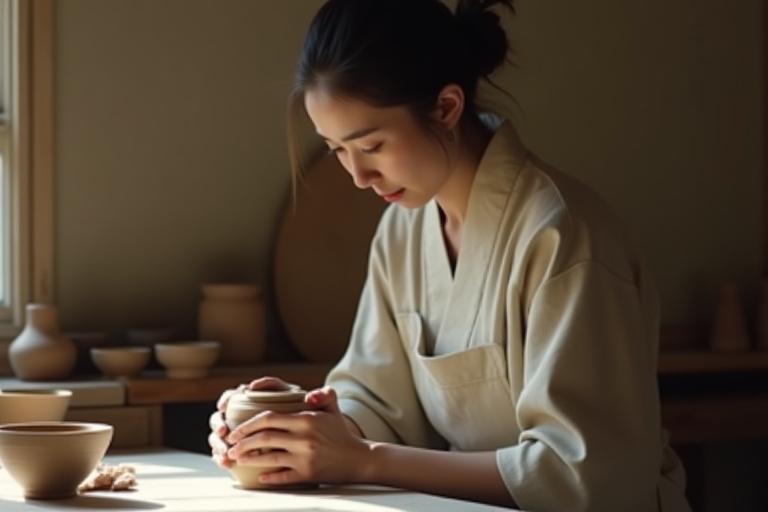 伝統的な日本の陶芸アトリエで作業する陶芸家