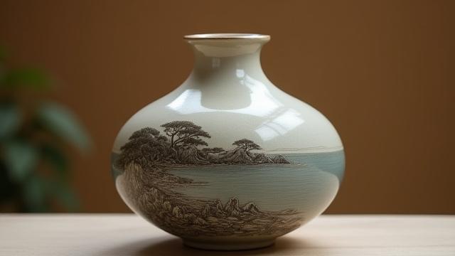 日本の海岸線がエッチングされた炻器の花瓶