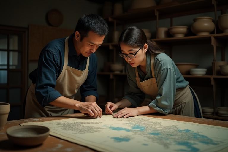 三界窯の創設者が作業台で地図と陶器の破片を眺めています。