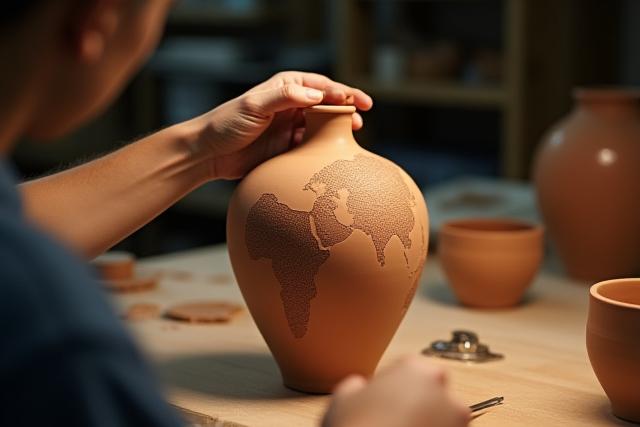 特注の地図入り陶器を製作する熟練の職人