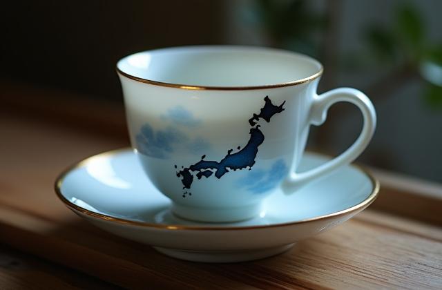 日本海沿岸の地図が描かれた磁器のティーカップとソーサーのセット