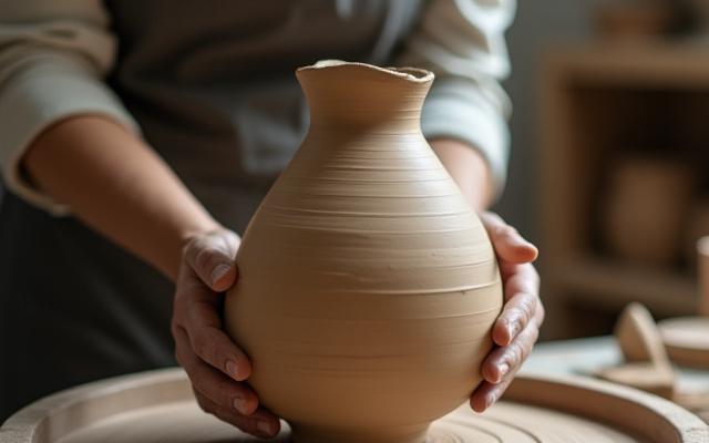 工房で制作中のユニークな形状のセラミック花瓶