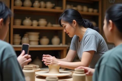 インストラクターが生徒にろくろの使い方を指導している