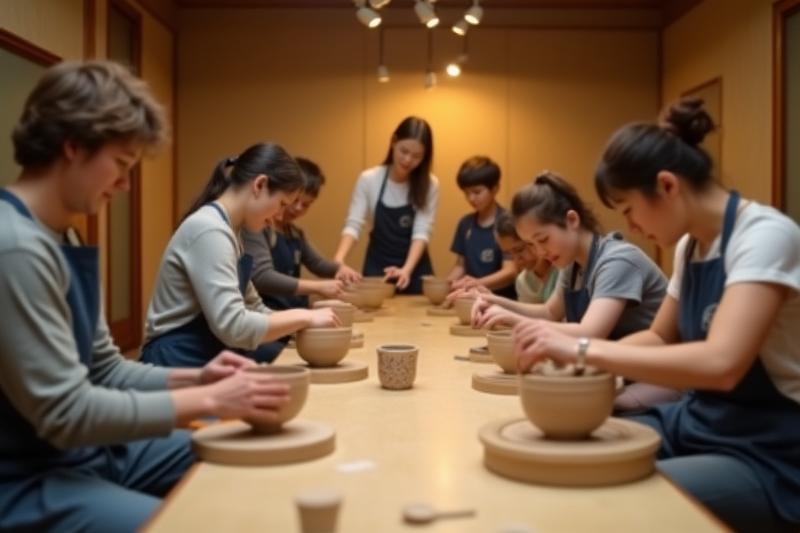 伝統的な日本の陶芸ワークショップで教えるインストラクターと学ぶ生徒たち